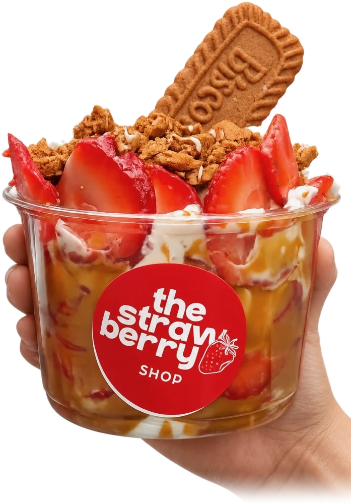 The Strawberry Shop cup with strawberries, cream, and Biscoff